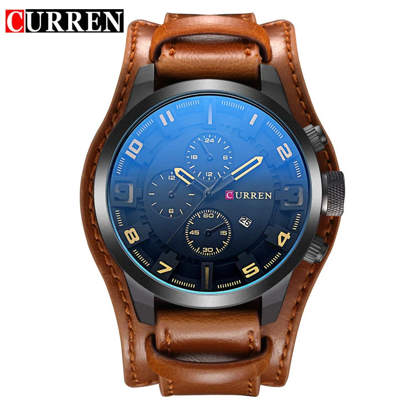 Relógio de luxo masculino com pulseira de couro Relógio de quartzo casual esportivo