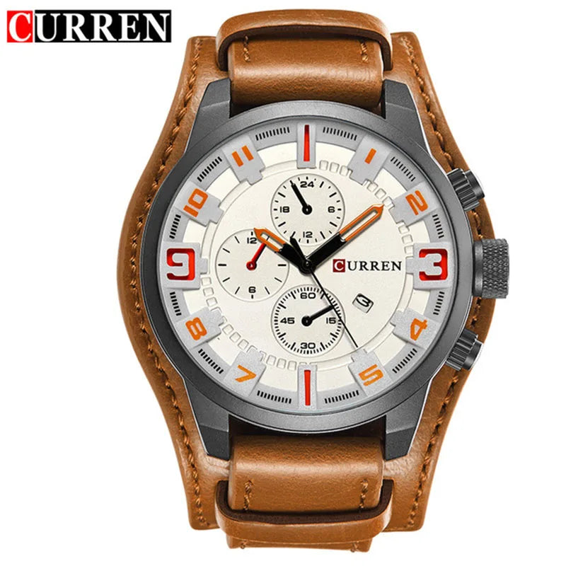 Relógio de luxo masculino com pulseira de couro Relógio de quartzo casual esportivo