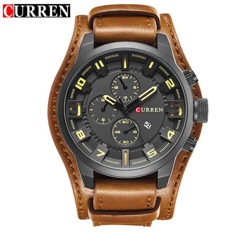 Relógio de luxo masculino com pulseira de couro Relógio de quartzo casual esportivo