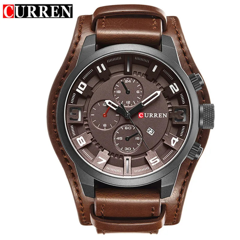 Relógio de luxo masculino com pulseira de couro Relógio de quartzo casual esportivo