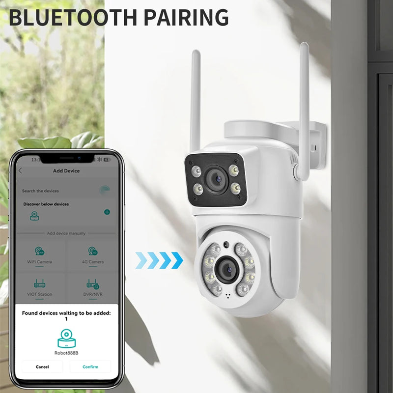 Câmera de vigilância externa de 4 MP, lente dupla, tela dupla, rastreamento automático por IA, vídeo IP, Wi-Fi, câmera PTZ, CCTV, áudio bidirecional, ICSEE