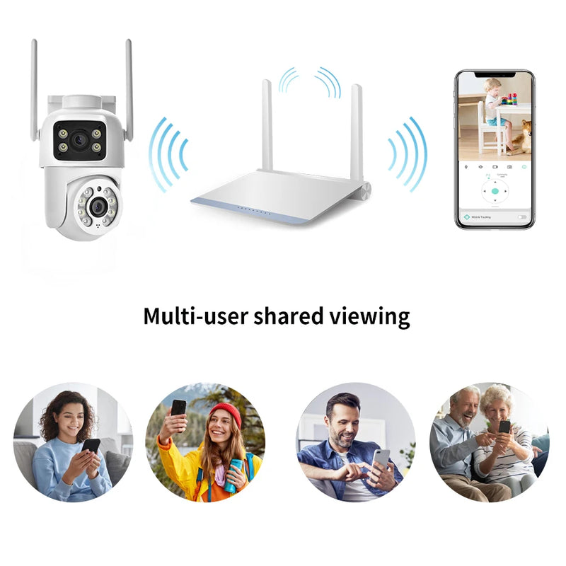 Câmera de vigilância externa de 4 MP, lente dupla, tela dupla, rastreamento automático por IA, vídeo IP, Wi-Fi, câmera PTZ, CCTV, áudio bidirecional, ICSEE