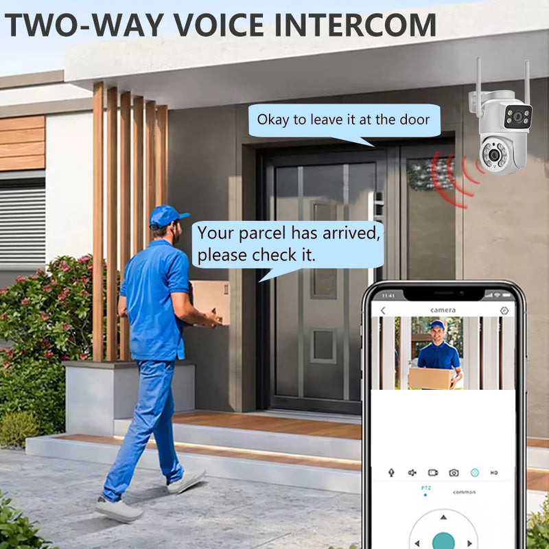 Câmera de vigilância externa de 4 MP, lente dupla, tela dupla, rastreamento automático por IA, vídeo IP, Wi-Fi, câmera PTZ, CCTV, áudio bidirecional, ICSEE